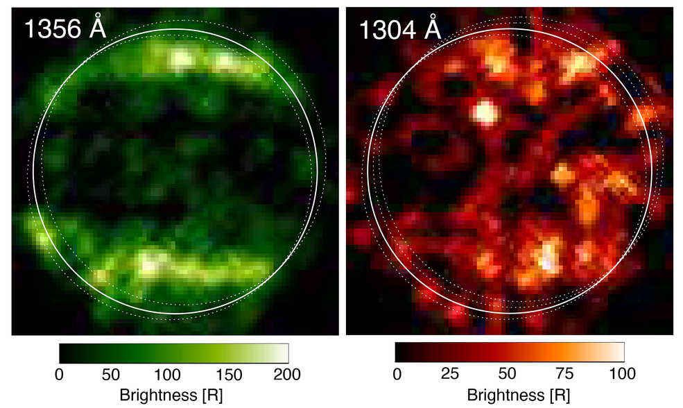 In 1998, Hubble's Space Telescope Imaging Spectrograph took these first ultraviolet images of Ganymede, which revealed a particular pattern in the observed emissions from the moon's atmosphere. The moon displays auroral bands that are somewhat similar to aurora ovals observed on Earth and other planets with magnetic fields. This was an illustrative evidence for the fact that Ganymede has a permanent magnetic field.