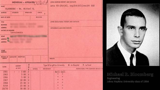 Michael R. Bloomberg's first donation to Johns Hopkins University was a $5 contribution in 1964, the year he graduated.