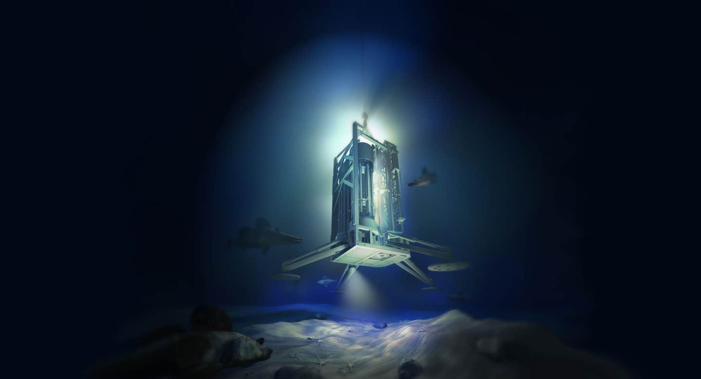 Rendered image of the MARUM-MeBo70 landing on the seafloor of the Amundsen Sea.