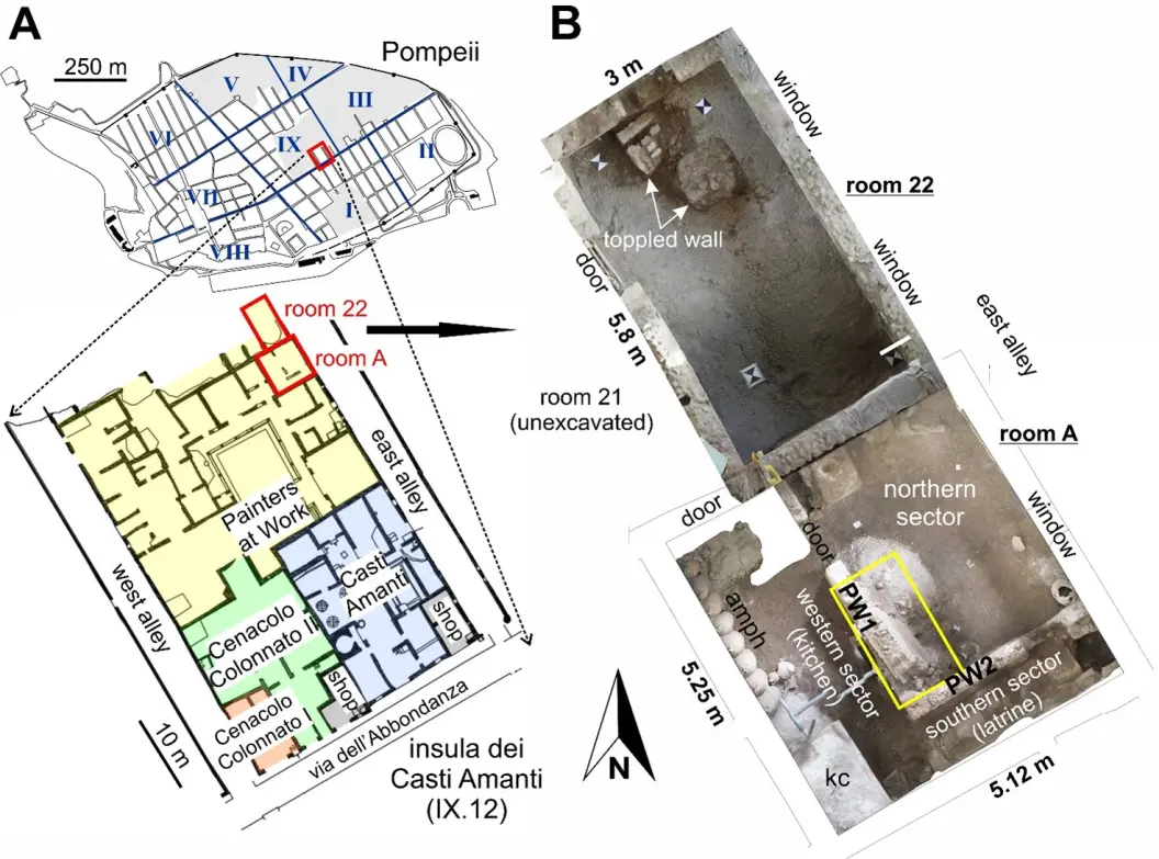 Location of the excavated rooms where the skeletons were found in Pompeii.