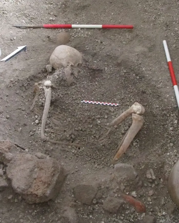 Skeleton of ‘individual 2’, a male aged around 50 years, who may have been aware of the danger and tried to protect himself with a round wooden object. The researchers found faint traces of it in the volcanic deposits. 