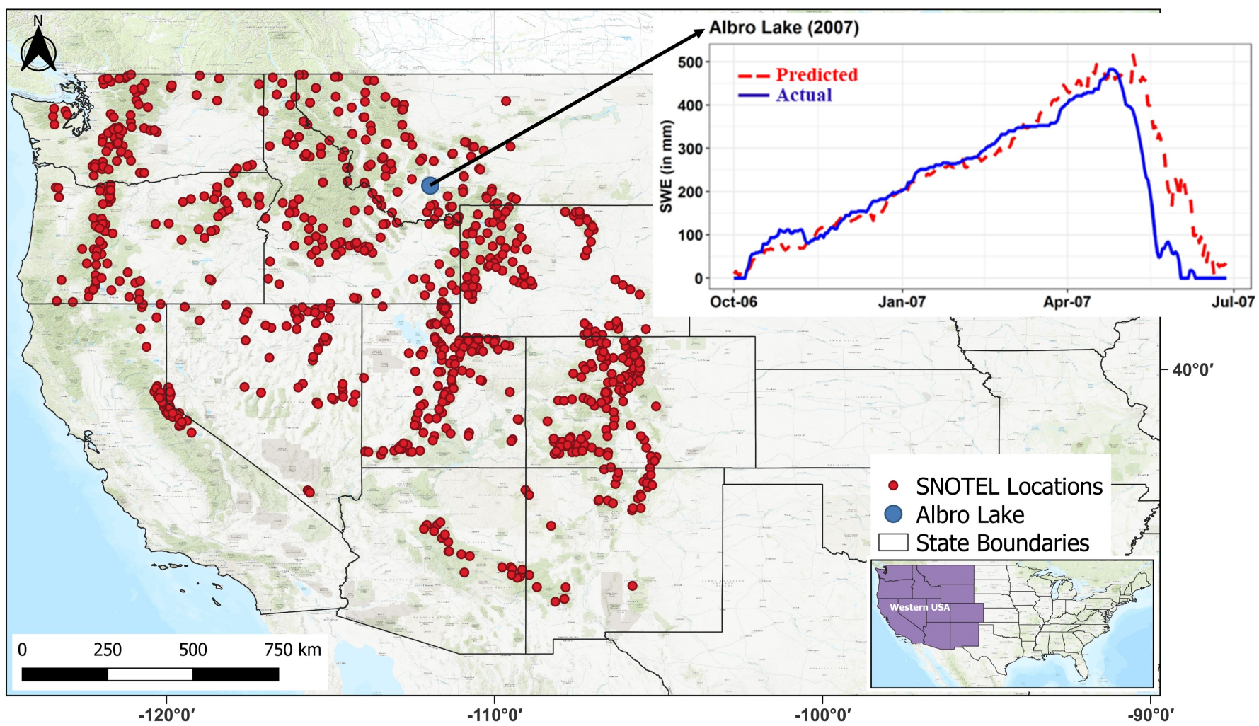 Spatial map showing the sparse spread of 822
SNOTEL locations across Western U.S., of which we used
a subset of 323 stations based on data availability. 