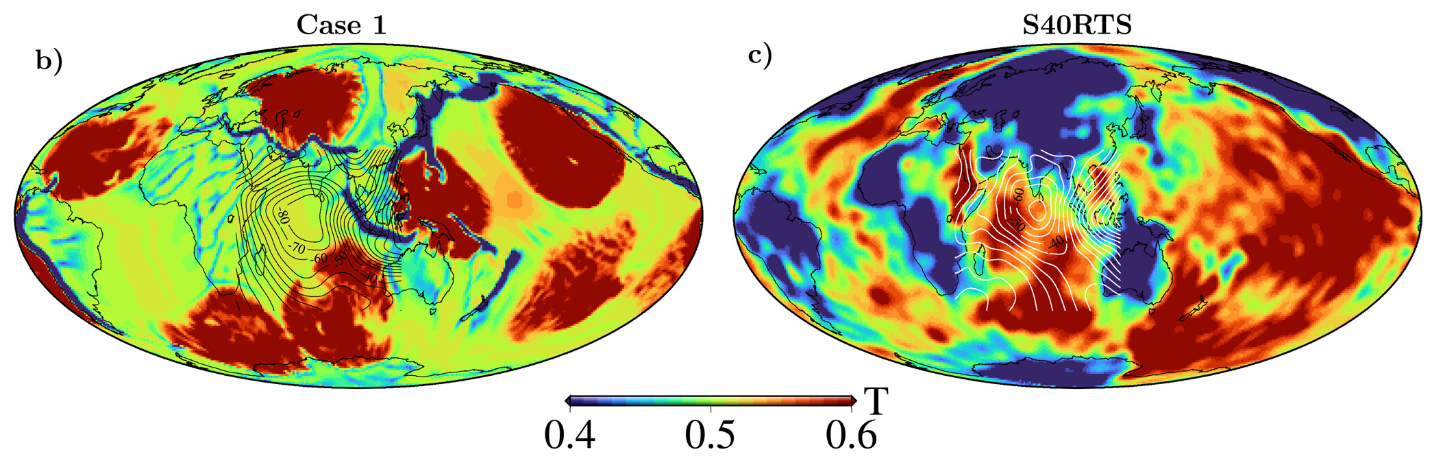 (b) Contour plot of the predicted Indian Ocean geoid low (IOGL) superimposed over predicted temperature anomalies in Case 1. (c) Contour plot of the observed IOGL superimposed over temperature anomalies in S40RTS. Both are plotted at 200 km depth. The contour intervals are 10 m.