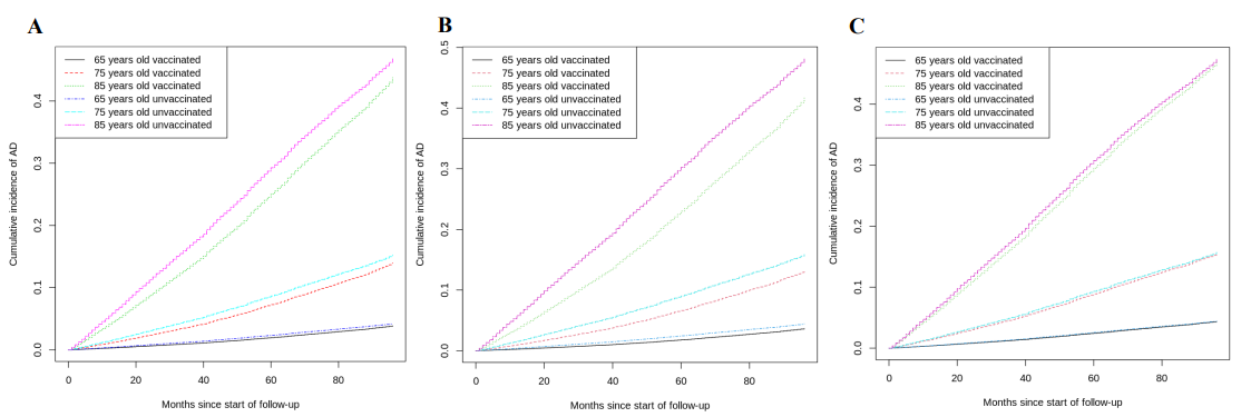 Results of a risk regression model on a) Tdap/Td, b) HZ, and c) pneumococcal vaccinations, stratified by three different ages (65, 75, 85) as measured at baseline, on the cumulative incidence function (CIF) of AD. HZ, Herpes zoster; Tdap, Tetanus toxoid, reduced diphtheria toxoid, and acellular pertussis; Td, Tetanus toxoid and reduced diphtheria toxoid. 