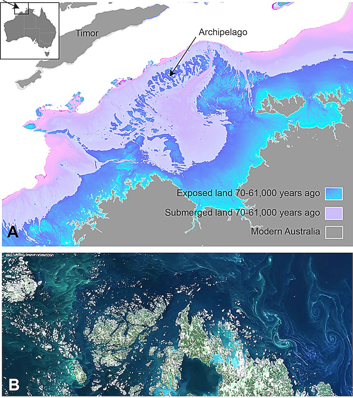 During lower sea levels, a vast archipelago formed on the Australian northwest continental shelf (top). A modern day example of an archipelago on a submerged continental shelf is the Åland Islands near Finland (bottom). 