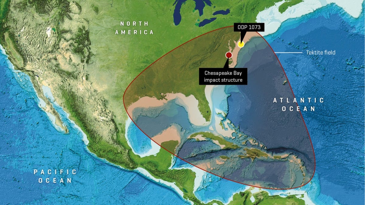 An asteroid struck the East Coast of North America 35 million years ago. Ejected material from the impact site was distributed over an area of at least four million square miles.