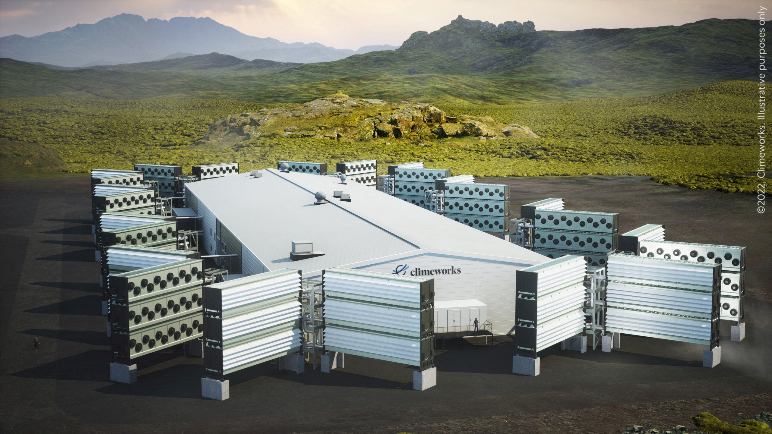 A view of a computer-rendered image of Climeworks' Mammoth direct air capture plant. 