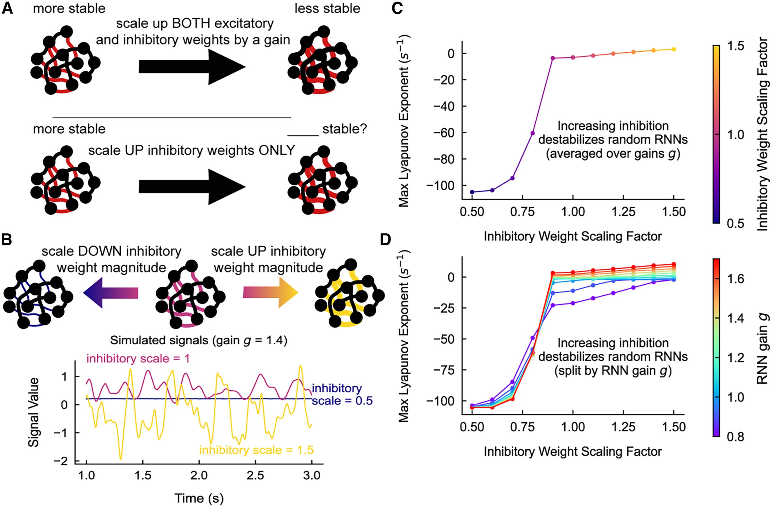 Increasing inhibition in random recurrent neural networks destabilizes them