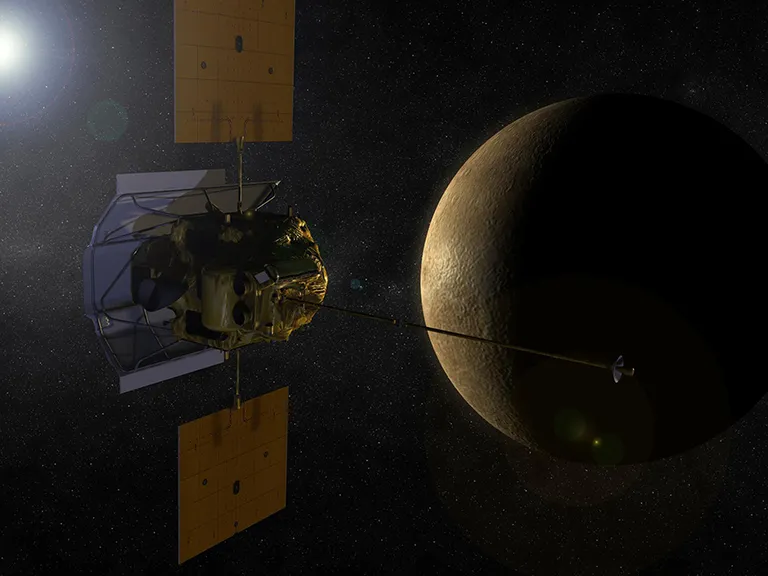 An artist's rendering of the MESSENGER spacecraft at Mercury.