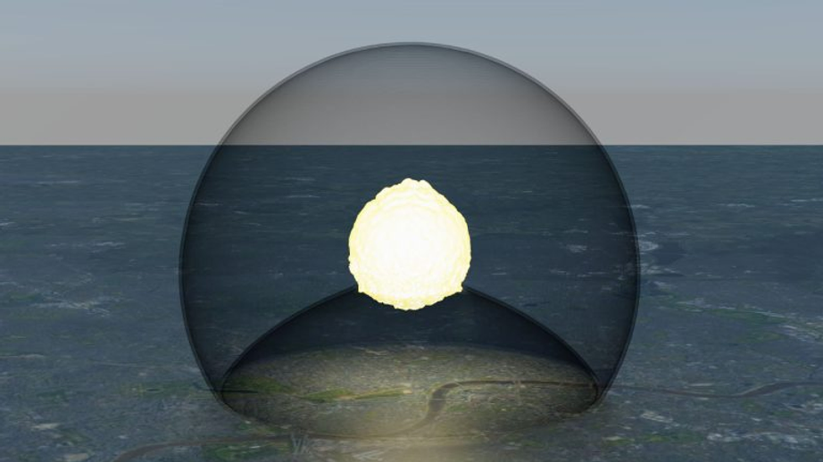 3D illustration of the simulated air blast and generated blast wave 10 seconds following the detonation of a 750 kT nuclear warhead above a typical metropolitan city; the radius of the shock bubble at ground level is 4.6 km. 