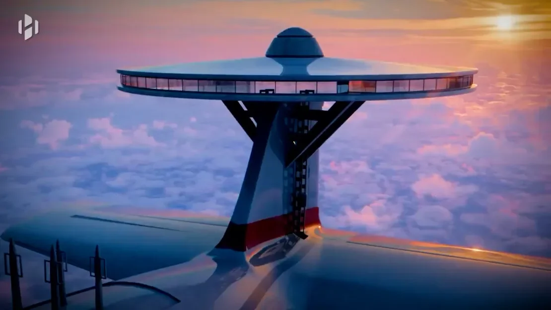 An observation lounge is part of the futuristic design.