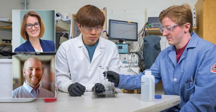 A new study by researchers at UD (from top left inset to far right) Laure Kayser, Chun-Yuan Lo and Kelsey Koutsoukos and David Kaphan from Argonne National Laboratory (inset bottom left) conducted a study that demonstrates how waste Styrofoam can be transformed into polymers for electronic materials.