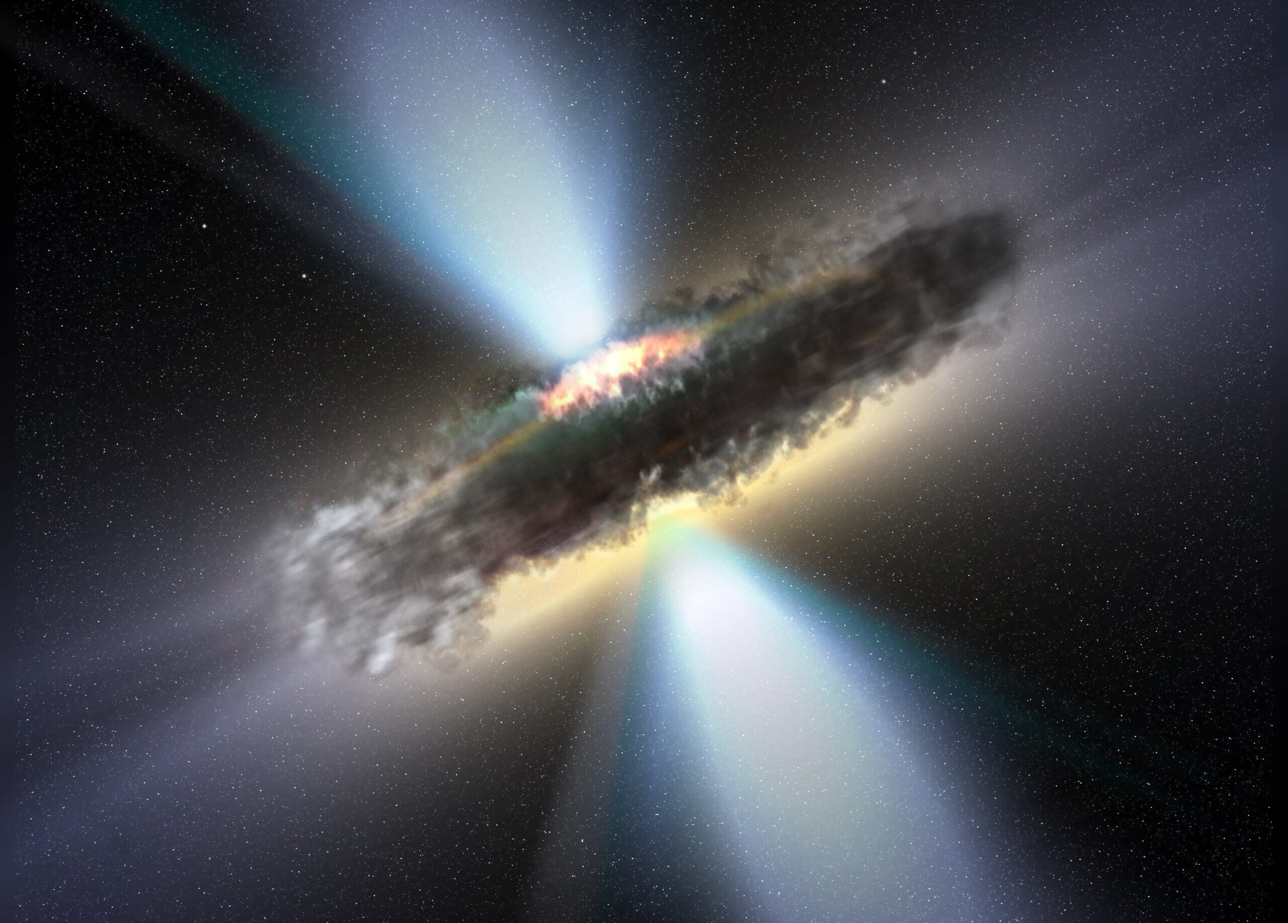 An artist's concept depicting a quasar, or consuming black hole, similar to APM 08729+5255.