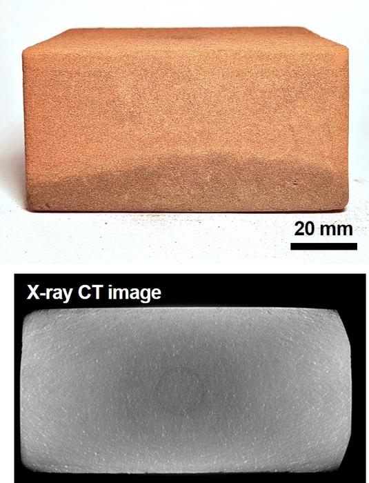 Photograph and X-ray CT image of KLS-1 sintered block manufactured using an optimized process. 