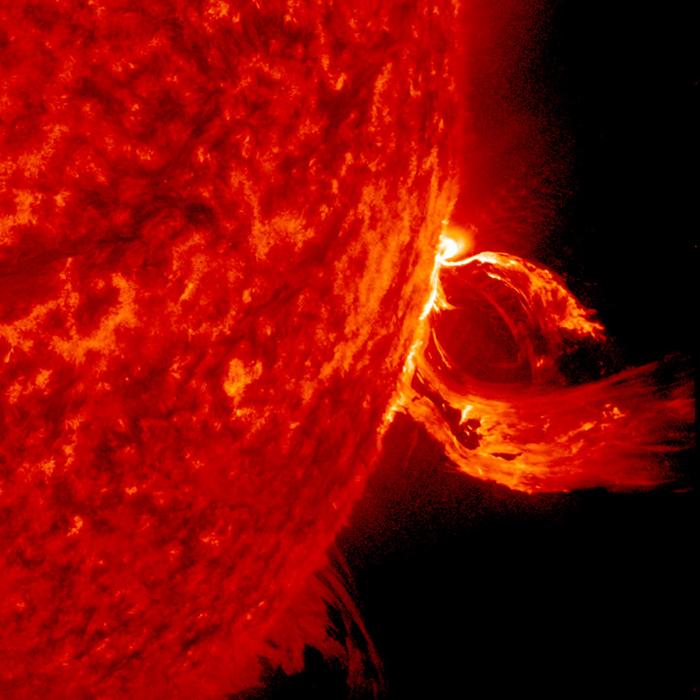 A coronal mass ejection is seen erupting from the Sun in June 2015.