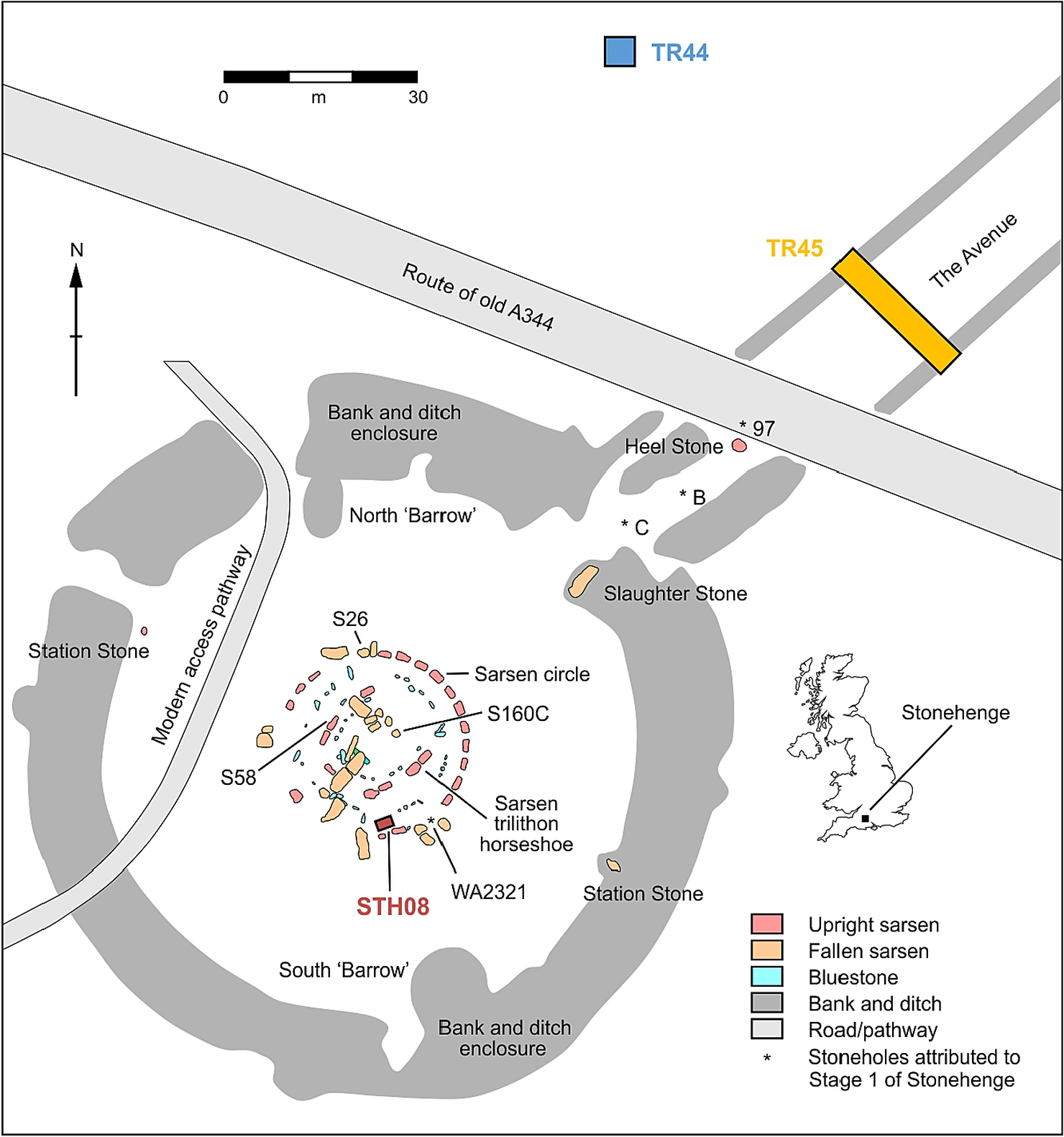 Plan of Stonehenge, showing locations of STH08 and SAV08 (trenches TR44 and TR45) from which the sarsen debitage analyzed in this study was excavated. 