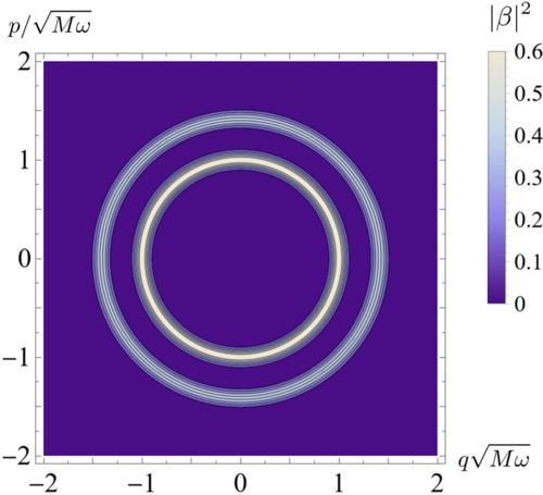 The contour plot of the marginal probability distribution related to |𝛽|2 with respect to the evolving system phase-space coordinates
