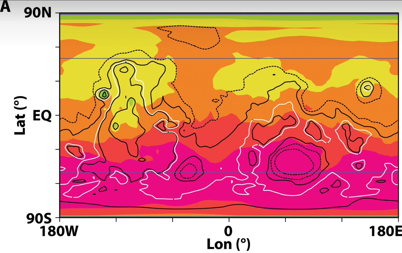 3D model output. Warm-season temperatures (K) (color shading) on (A) Mars with addition of ~160 mg/m2 of Al nanorods.