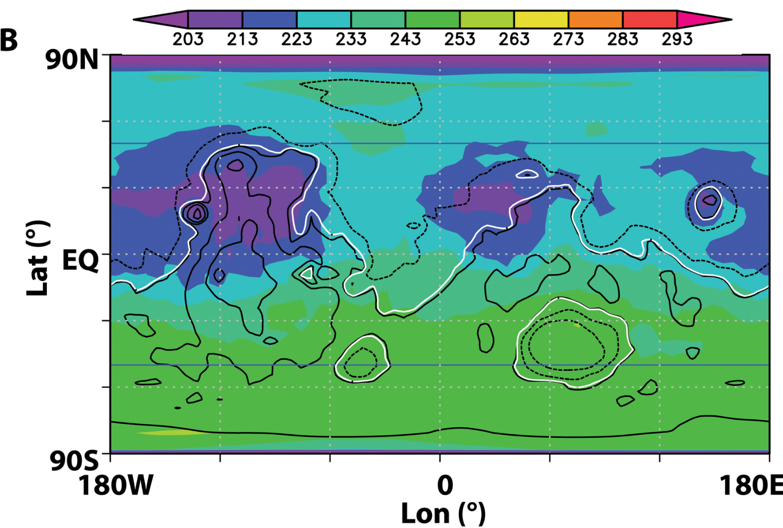 3D Model output. Control case. This corresponds to the average surface temperature during the warmest 36° of solar longitude (~70 days) of the year. 
