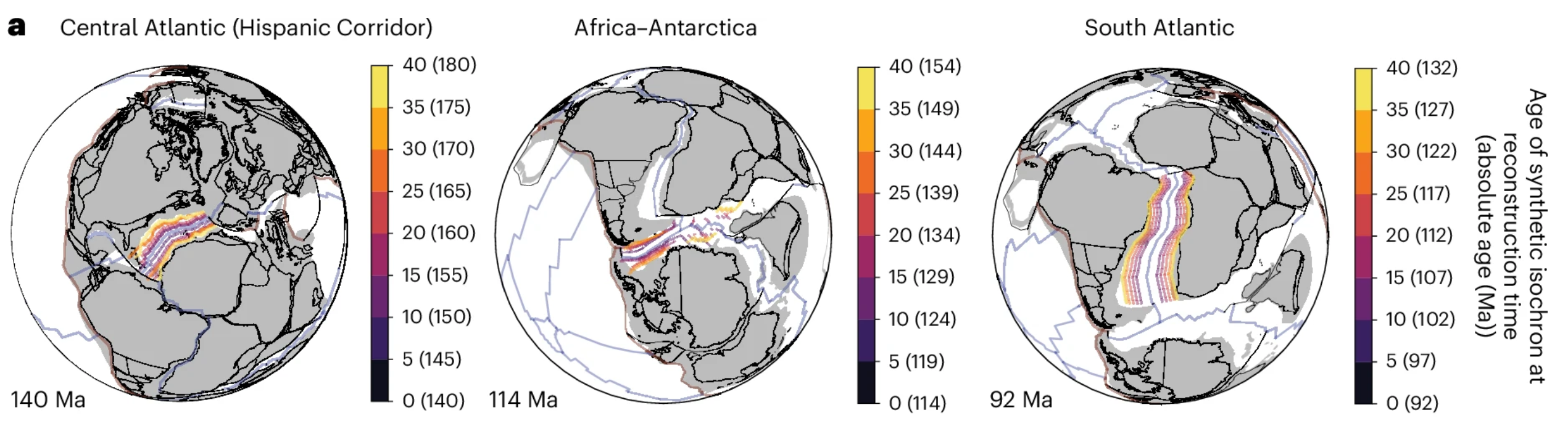 Plate reconstructions for the Central Atlantic, Africa–Antarctica and South Atlantic incipient MOR systems, with synthetic isochrons showing the time (in Myr) relative to the reconstruction time