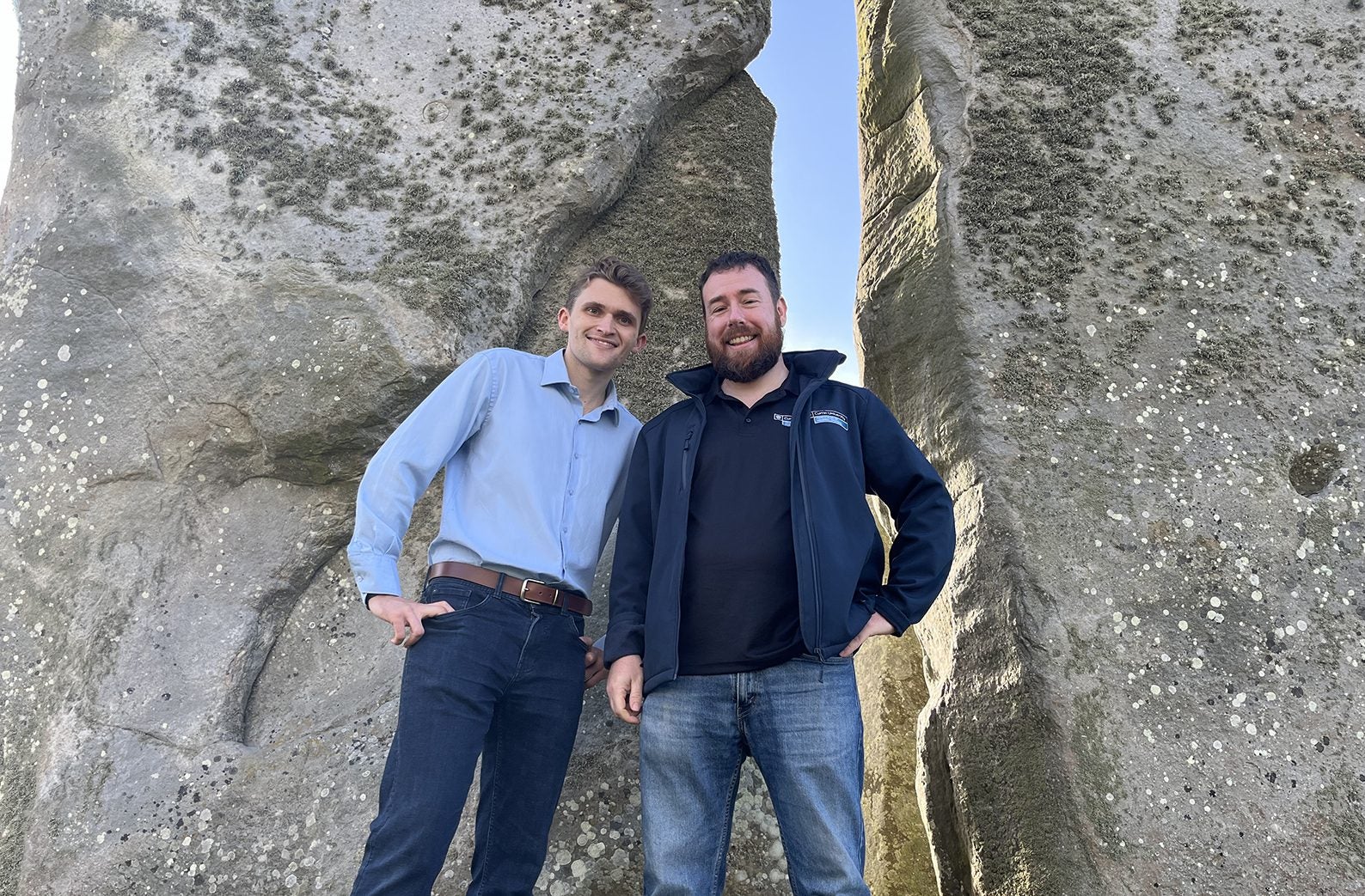 Curtin University PhD student Anthony Clarke and Professor Chris Kirkland at Stonehenge.