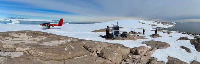 The field team used specialized instruments from the ANET-POLENET project that measure Antarctica’s ground motion. This GNSS [GPS] station is located on an island of the Backer Islands chain in Pine Island Bay where the massive Pine Island Glacier enters the Amundsen Sea. 

