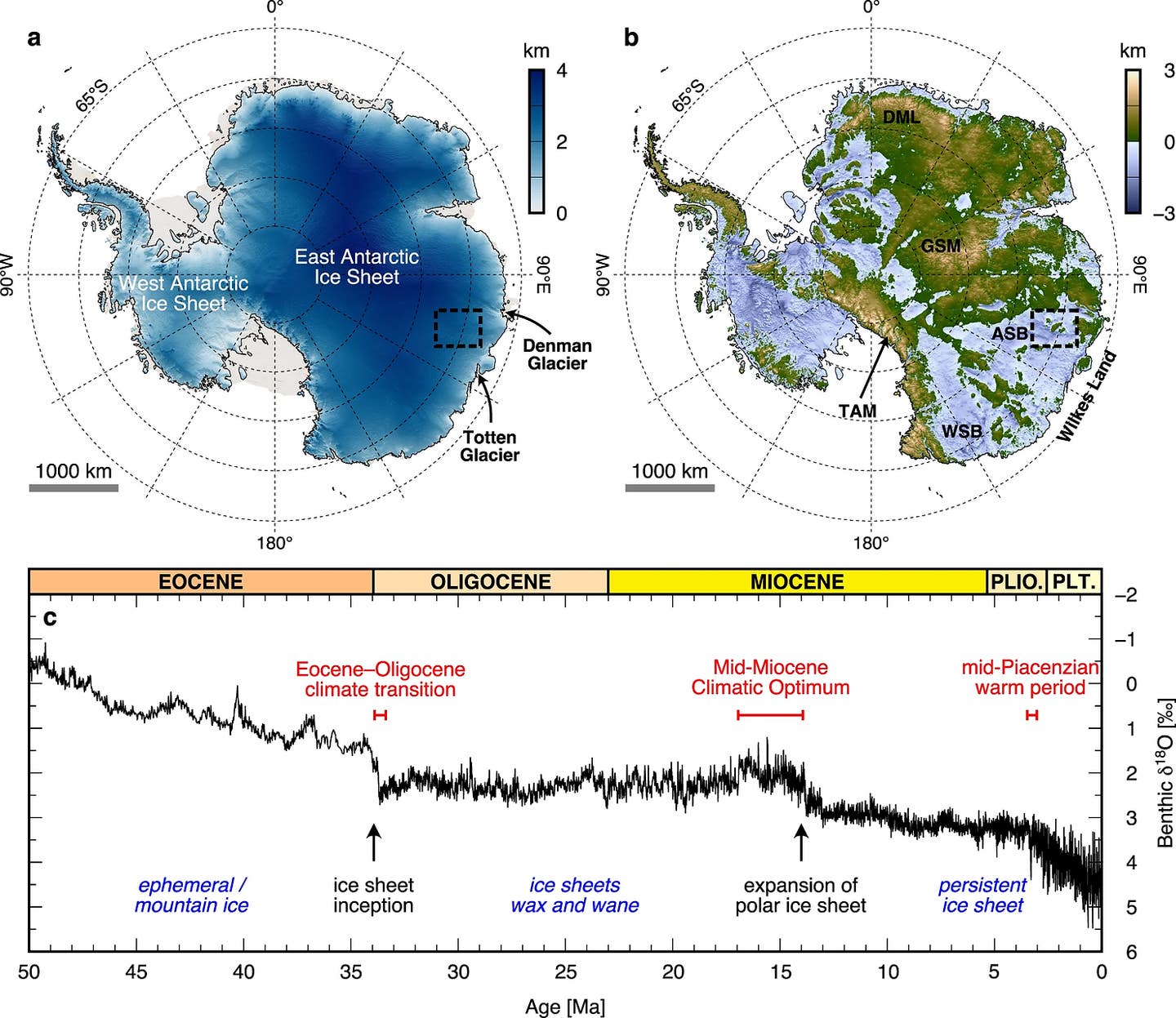 Surface elevation of the Antarctic Ice Sheet from the Reference Elevation Model of Antarctica68. The black line marks the present-day grounding line74; pale areas are floating ice shelves. Surface elevation of the Antarctic Ice Sheet from the Reference Elevation Model of Antarctica68. The black line marks the present-day grounding line74; pale areas are floating ice shelves.