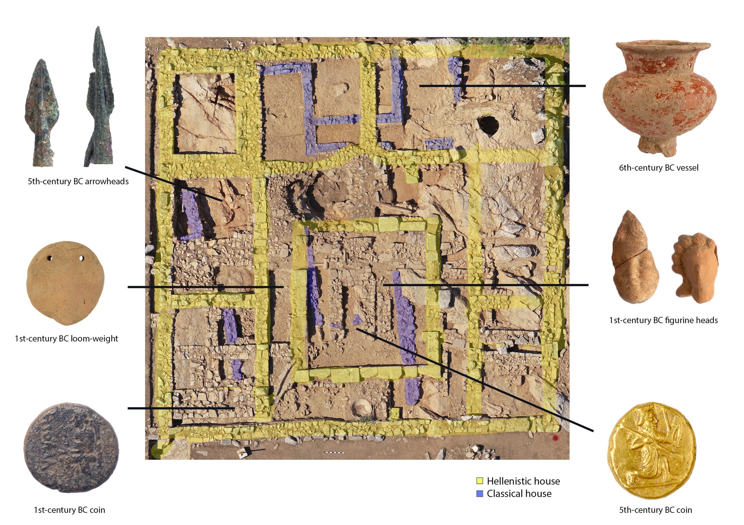 An aerial view of the house shows the different phases and the findspot of the coins as well as other artifacts. 