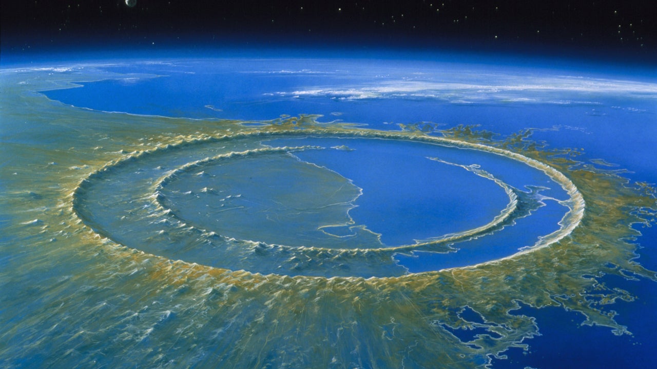 Artist's reconstruction of Chicxulub crater soon after impact, 66 million years ago.