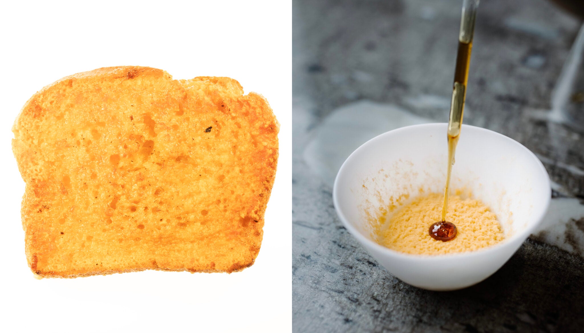 Neurospora intermedia, an orange mold, turns day-old bread into a cheesy treat when toasted (left). The mold transforms sugarless rice custard into a sweet dessert served at the Alchemist restaurant in Copenhagen (right).