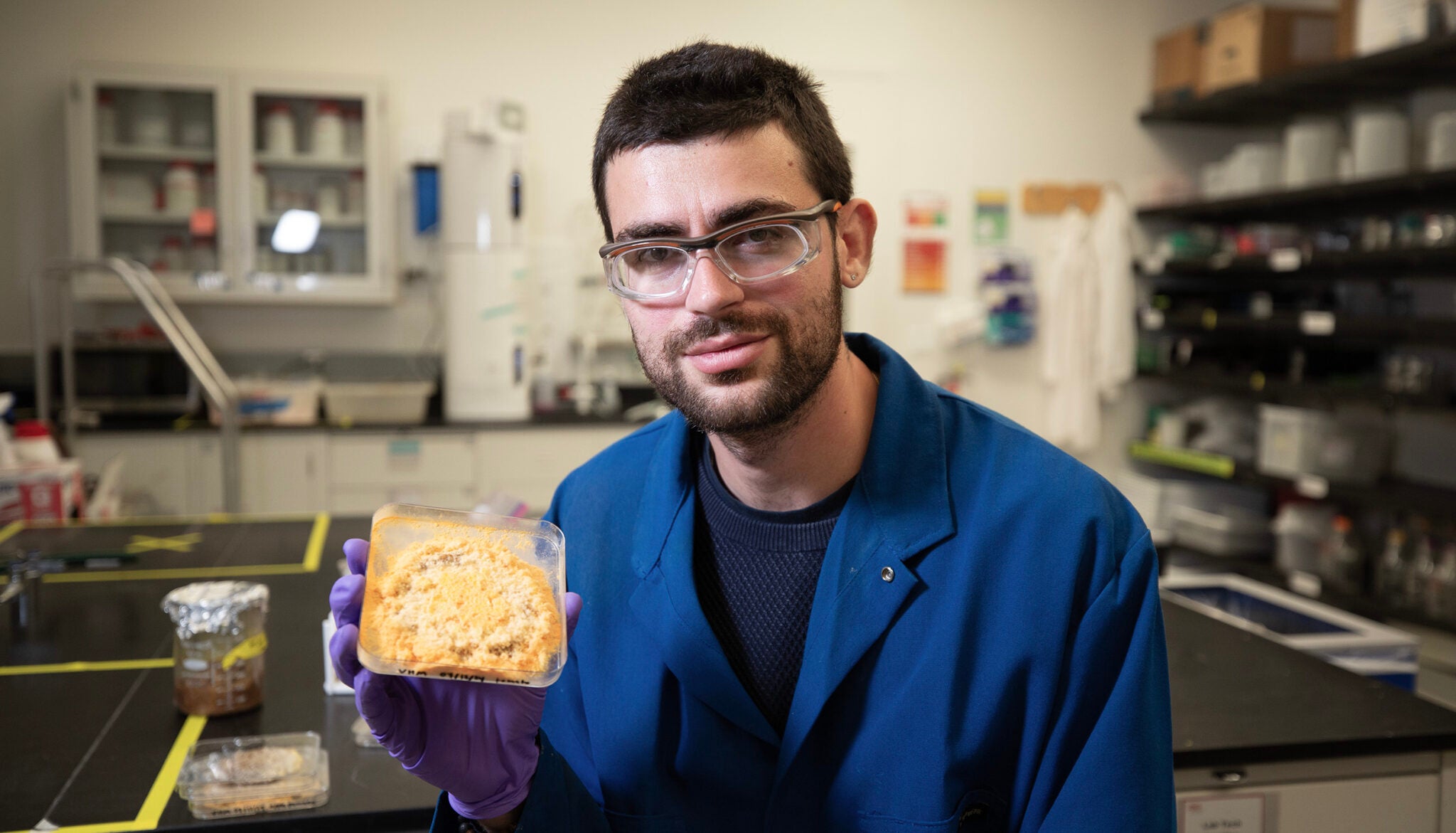 Vayu Hill-Maini holding an experiment — Neurospora mold grown on tomato pomace — in a lab at JBEI in Emeryville