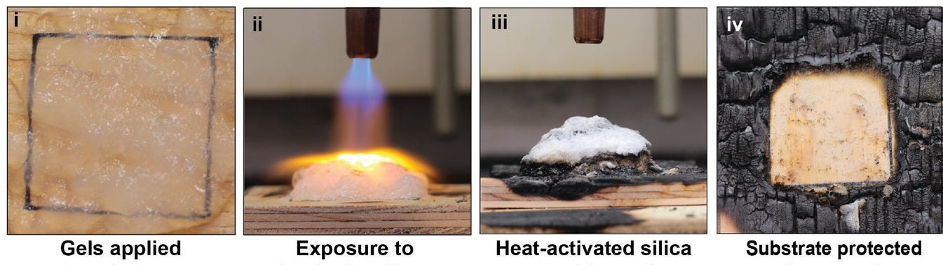 During a test on plywood, researchers showed how the new gel transitions from a hydrogel to an aerogel under heat from a gas hand-torch. The torch burned at a much higher temperature than would result from a wildfire. 