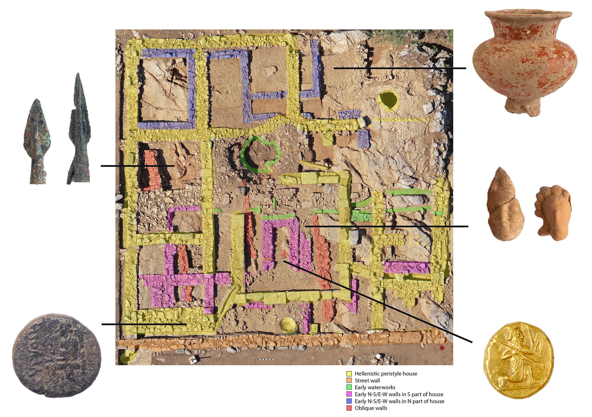 An aerial view of the house shows the different phases and the findspot of the coins as well as other artifacts.