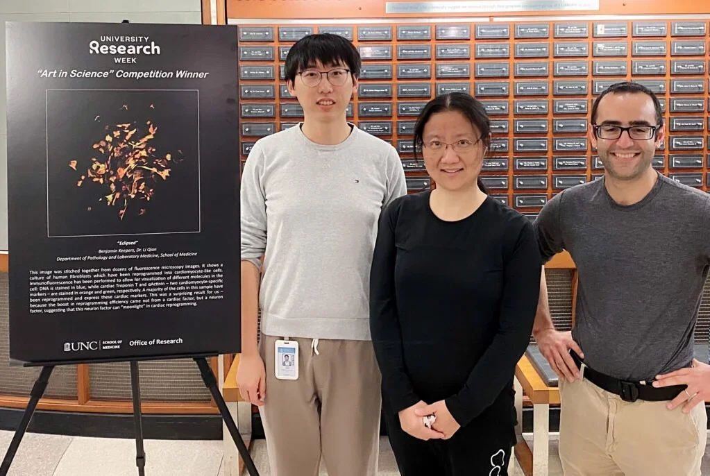 From left: Haofei Wang, PhD, Li Qian, PhD, and Benjamin Keepers, who won an Art in Science prize in 2021.