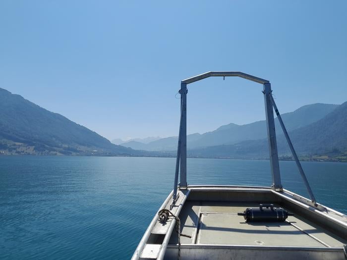 Sampling in front of the picturesque mountain panorama of Lake Zug.