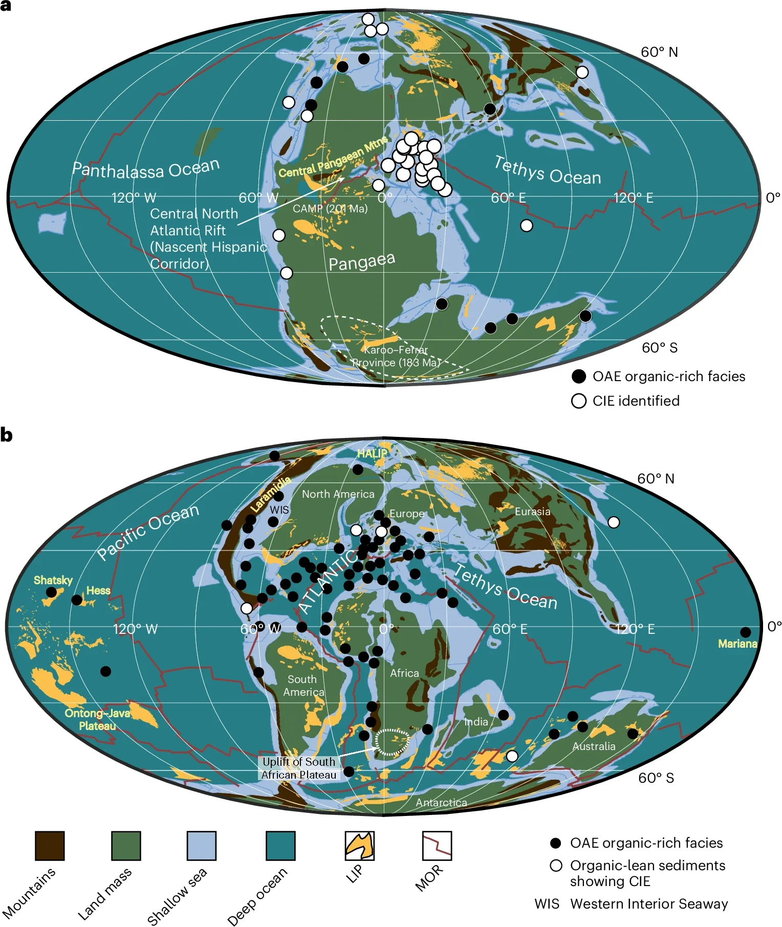 Global distribution of OAE sedimentary deposits and plate boundary features.