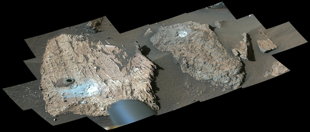Cheyava Falls” (left) shows the dark hole where NASA’s Perseverance took a core sample; the white patch is where the rover abraded the rock to investigate its composition. A rock nicknamed “Steamboat Mountain” (right) also shows an abrasion patch.