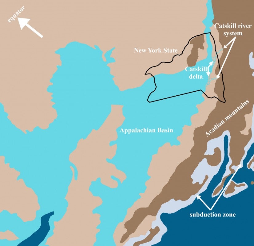 A graphic showing New York State during the Middle Devonian Period.