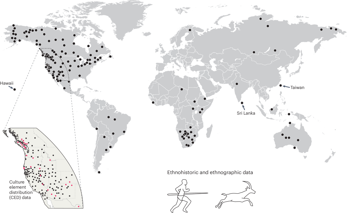 Societal locations (n = 158) with ethnohistorical or ethnographic evidence of hunting using an EP tactic and locations.