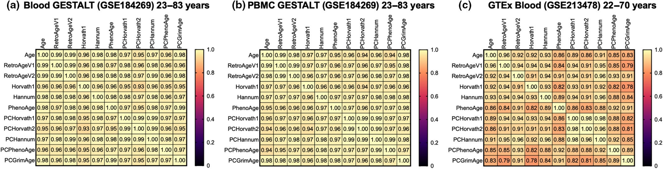 Correlograms of chronological age, retroelement-based epigenetic clocks, first-generation epigenetic clocks, second-generation epigenetic clocks, and PC-based epigenetic clocks in two external DNA methylation datasets (GSE184269 and GSE213478).
