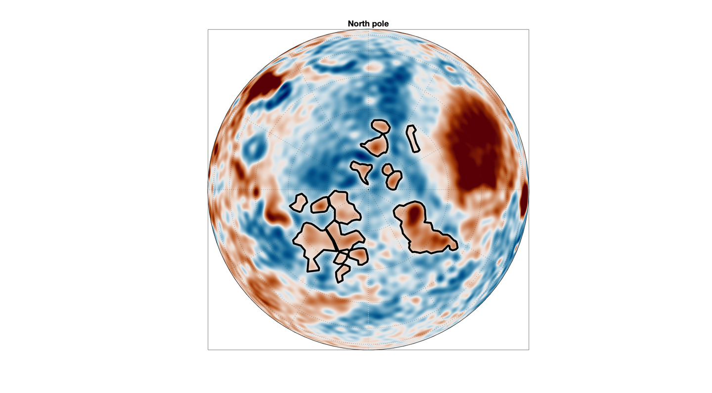 Map highlighting the dense gravitational structures in the northern hemisphere. The regions denoted by the black lines are high mass anomalies that do not show any correlation with geology and topography. These hidden subsurface structures are covered by sediments from an old ocean. Their origin is still a mystery and a dedicated gravity mission, like MaQuIs, is needed to reveal their nature.