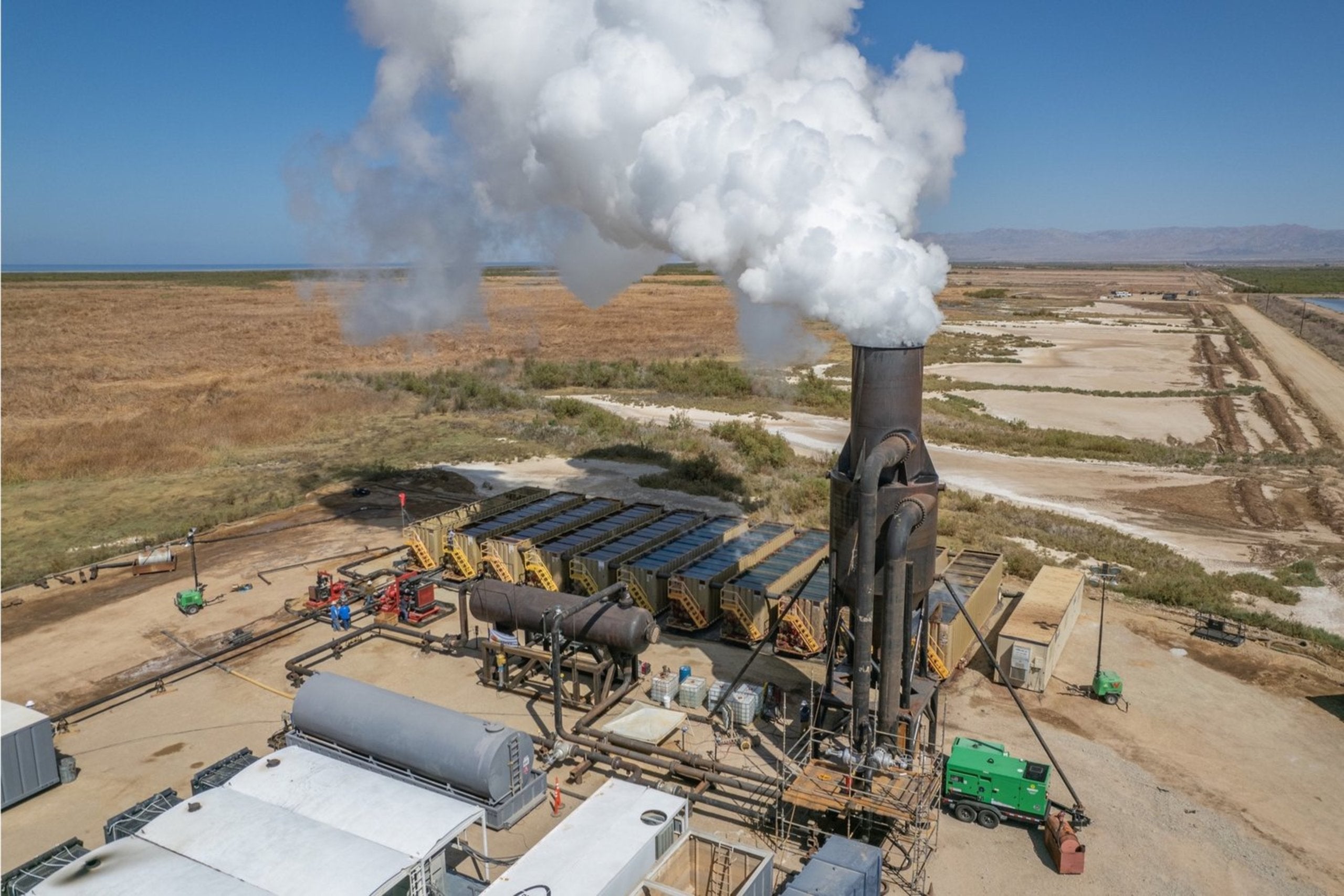 A Controlled Thermal Resources geothermal plant near the Salton Sea uses super-hot brine from deep underground to generate electricity. Lithium can be extracted from the used brine before returning it underground. 