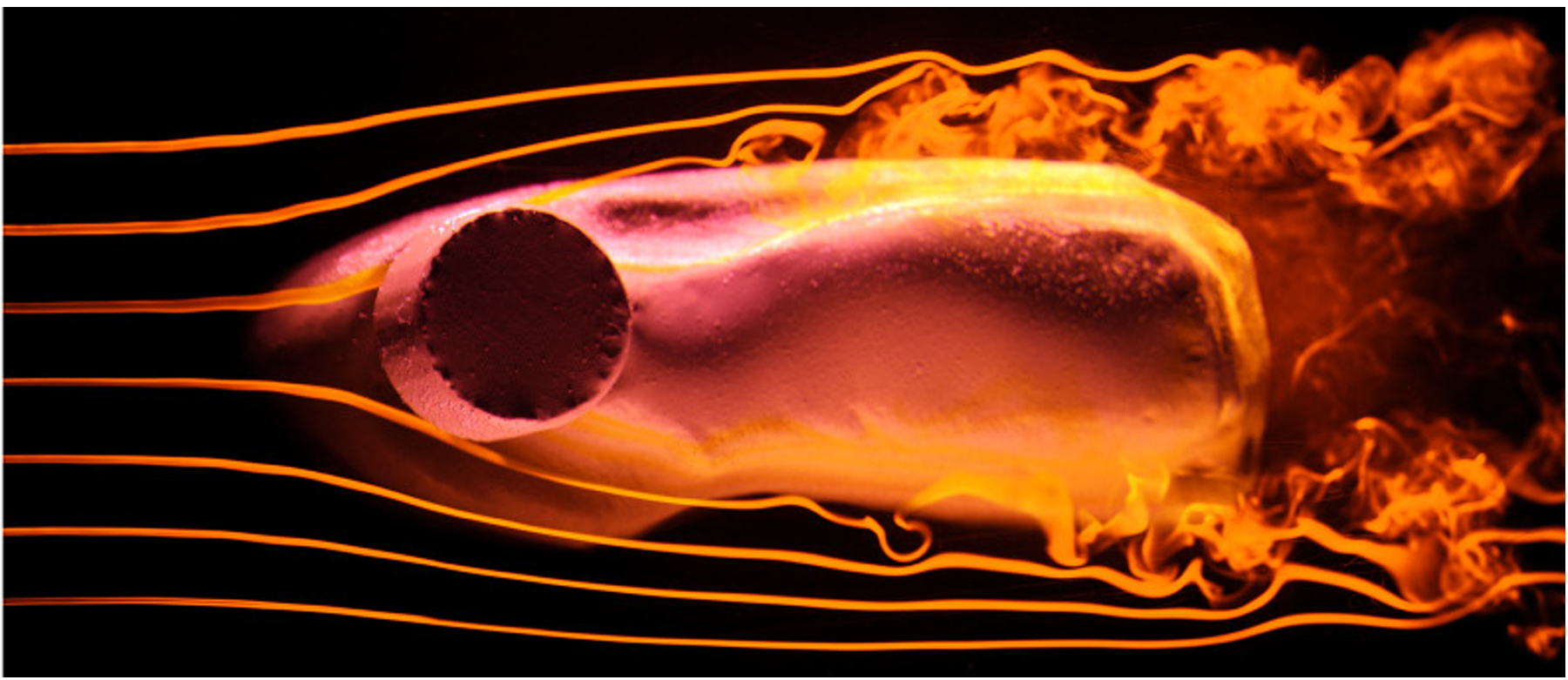 Visualization of flow streak lines in vertical (left) and horizontal (right) planes. Not shown is an array of hypodermic tubing that release filaments of fluorescein dye into the upstream current.
