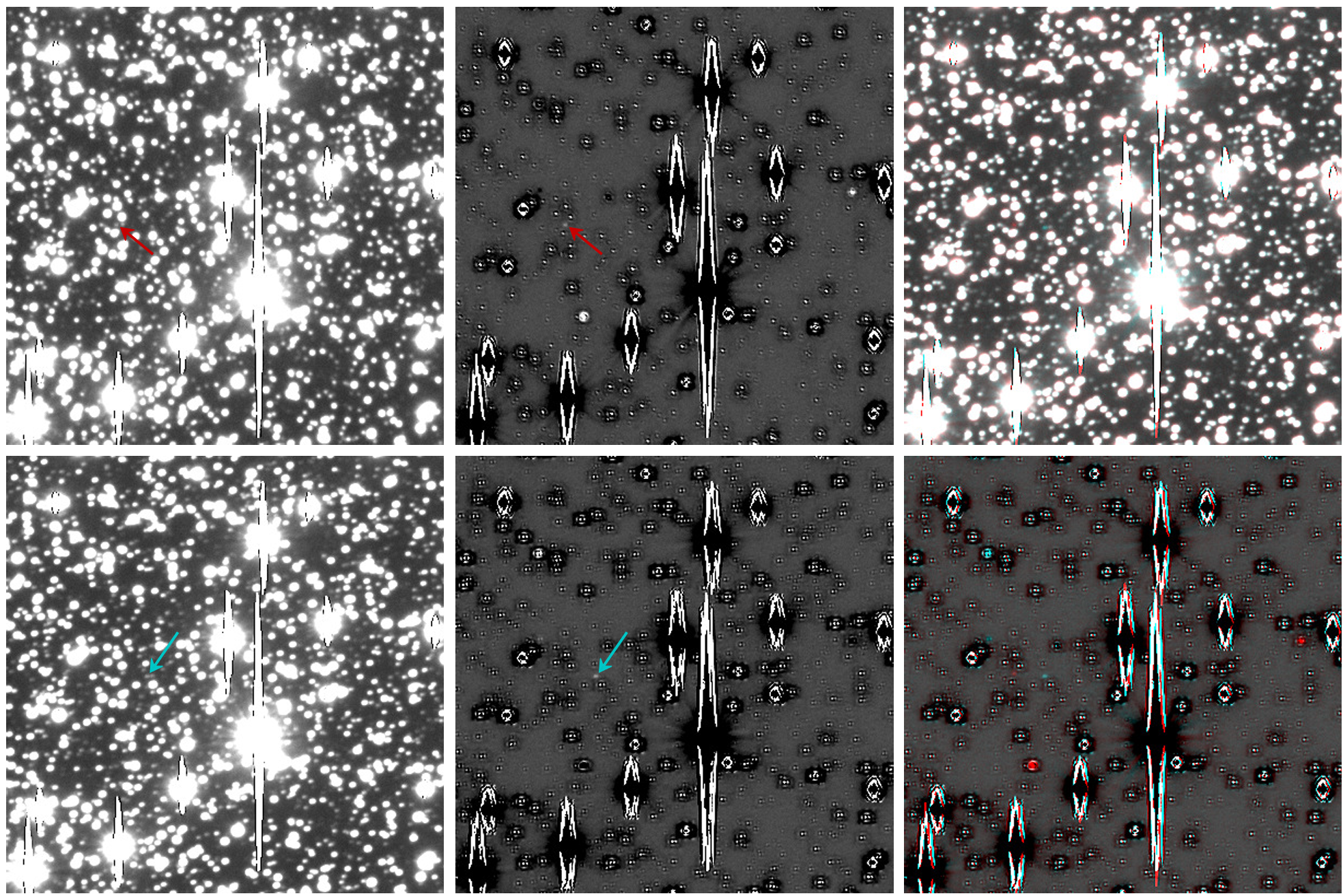 Sample SuprimeCam image data from 2011. Two epochs are shown of the discovery images for 2011 HL103. The red arrow (or image) shows the location at the first epoch and the cyan arrow (or image) shows the location at the second epoch.