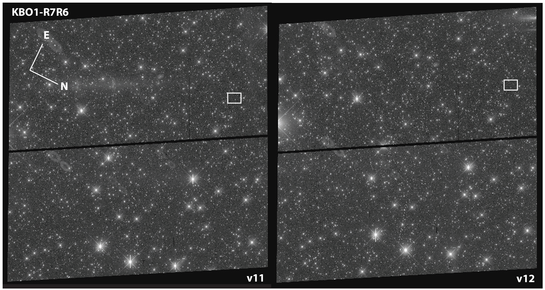 Sample image from field KBO1-R7R6 in each of 2 visits separated by 1.05hours. This field was part of the pilot search and 2014 MU69 is in the top chip on the right side in the area marked by the white box. The visit numbers of HST program 13633 are shown on the lower right hand corner of each image.