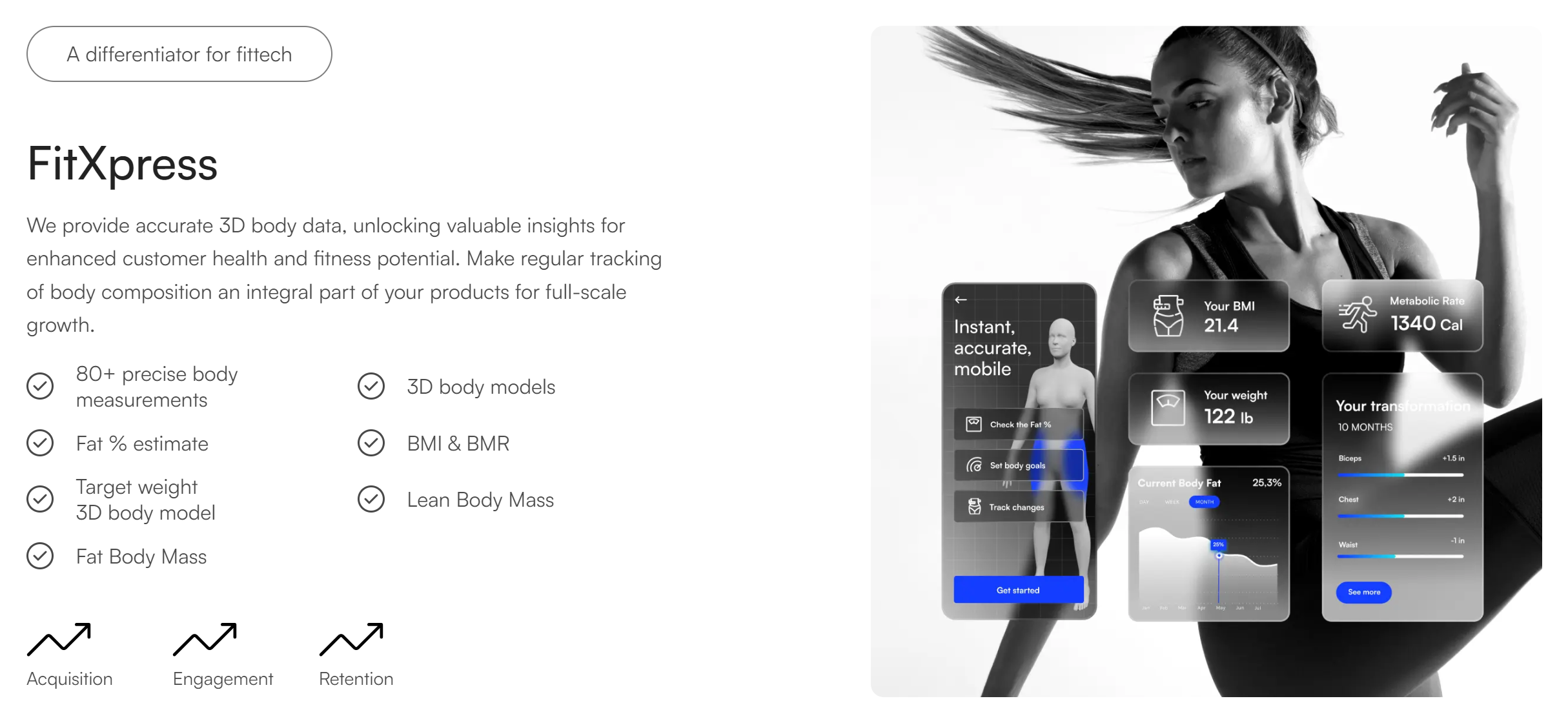 Make Al-powered body data insights generated with 3D body scanning technology an integral part of your business to grow acquisition, engagement, and retention.