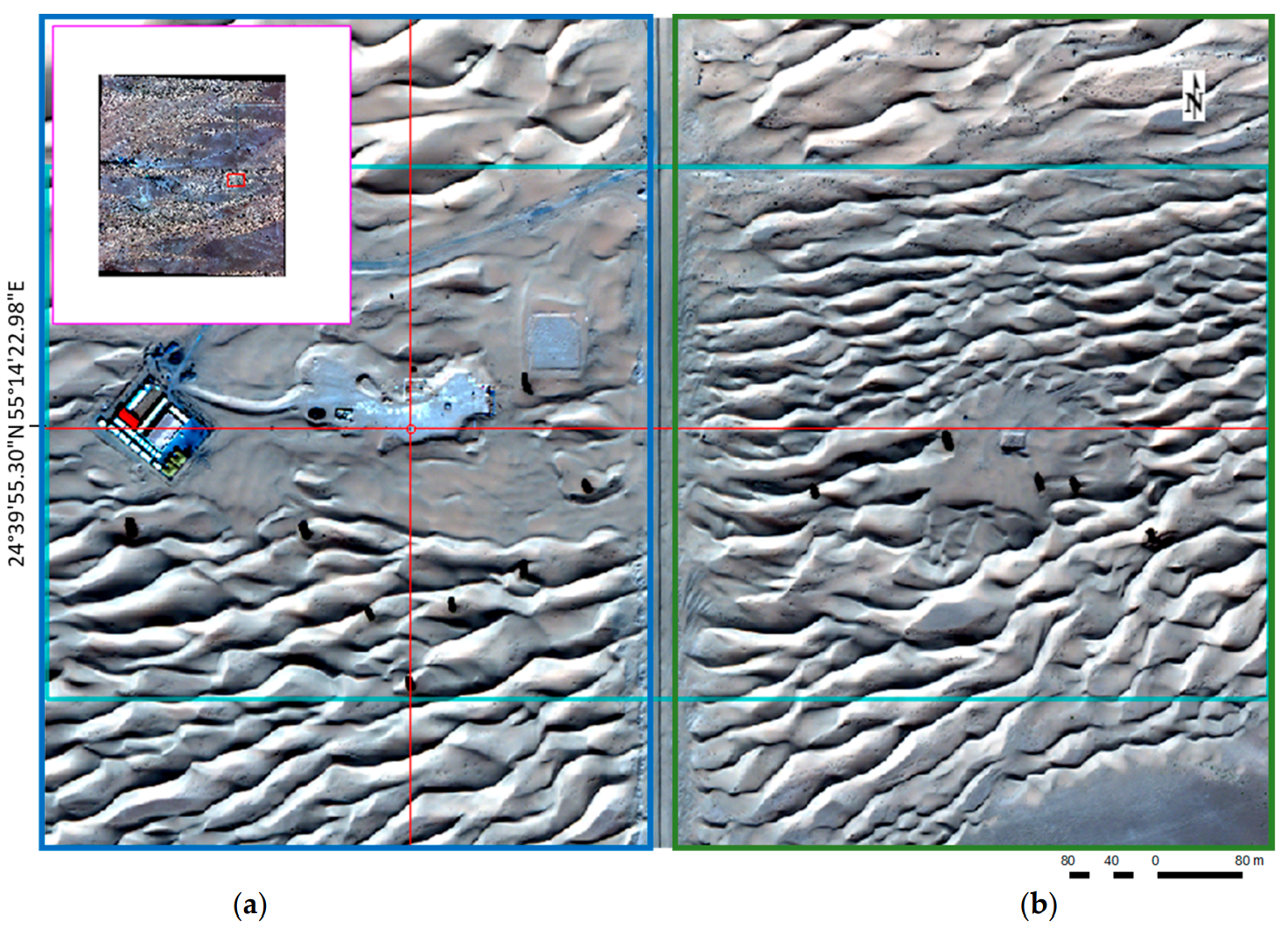 Worldview-3 colour-balanced RGB orthomosaic of the Saruq Al-Hadid site located in the mobile dune fields of the northeastern edge of the Rub’ Al-Khali desert, captured on 26 November 2019. (a) Western zone of observation. (b) Eastern zone of observation.