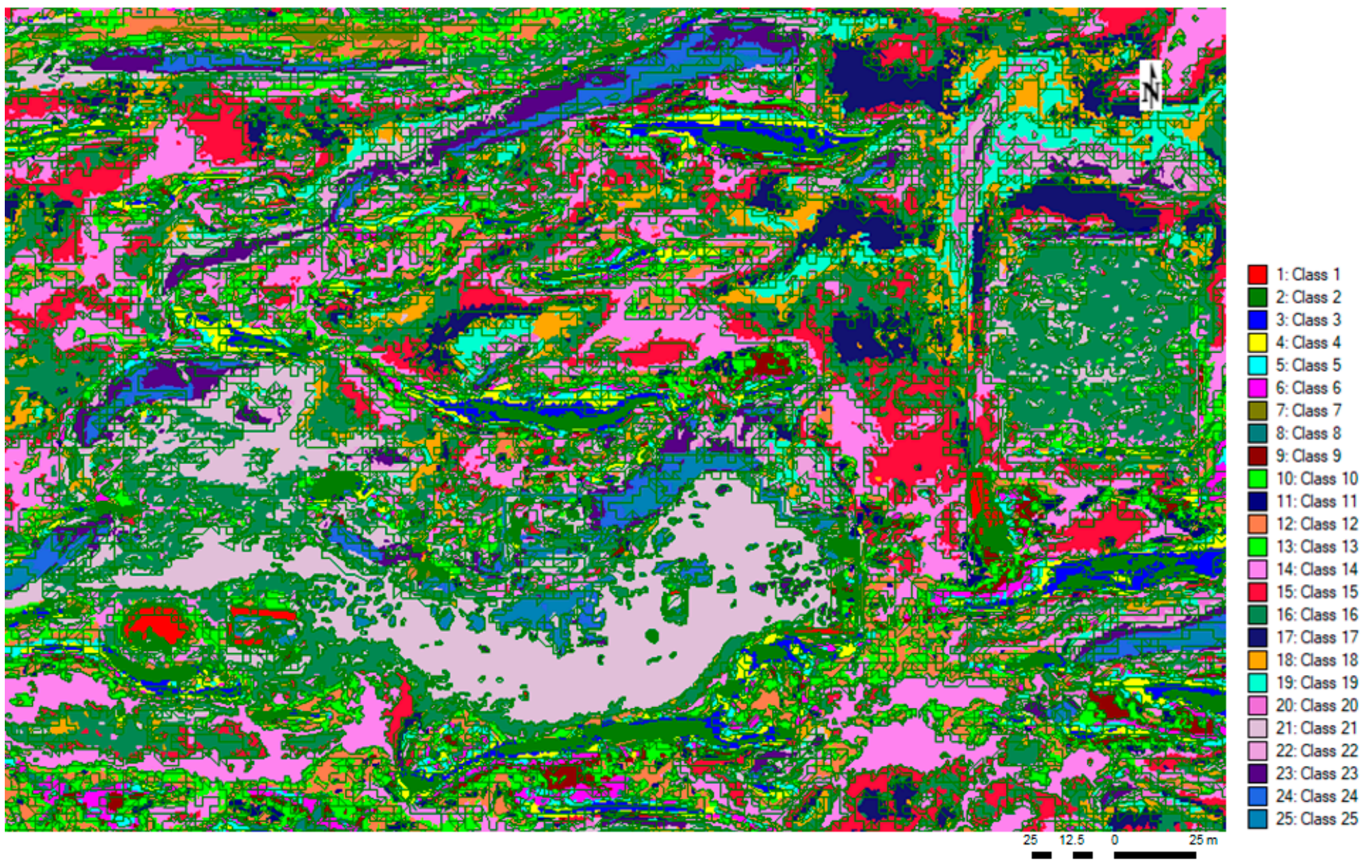 Thematic classification. Unsupervised classification of PC1PC2PC3 (enhanced/aggregated) followed by smoothing using smooth kernel size = 3 pixels.