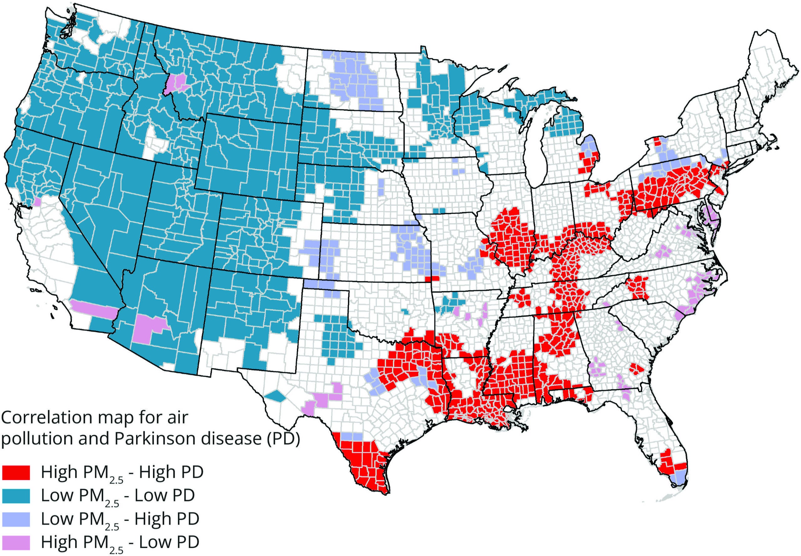 Correlation map for air pollution and Parkinson's disease. 
