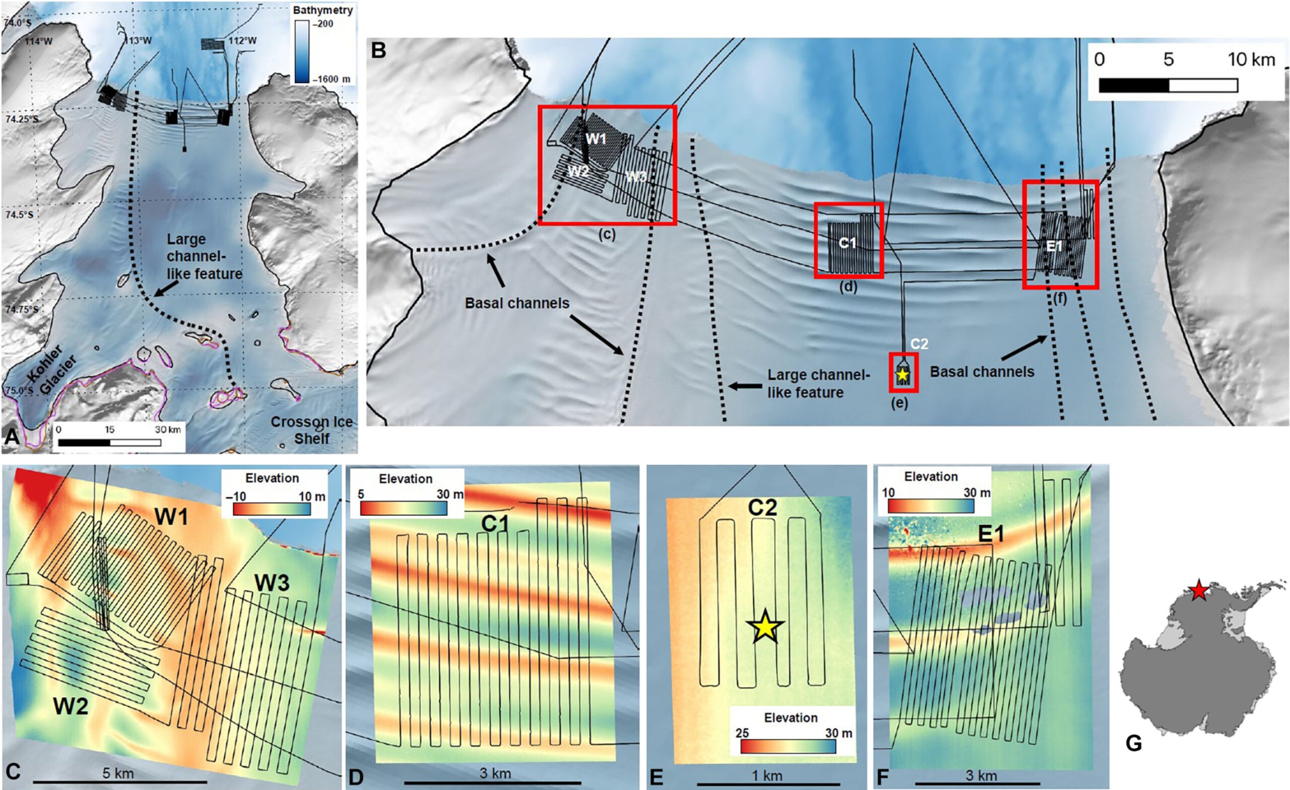 Dotson Ice Shelf.
Reference Elevation Model of Antarctica mosaic of DIS with the regions and features discussed in the text labeled: basal channel features (dashed lines), ~2000 Landsat-derived grounding line [thick black lines], and 1992–2020 Interferometric Synthetic Aperture Radar–derived grounding lines [pink lines]. 